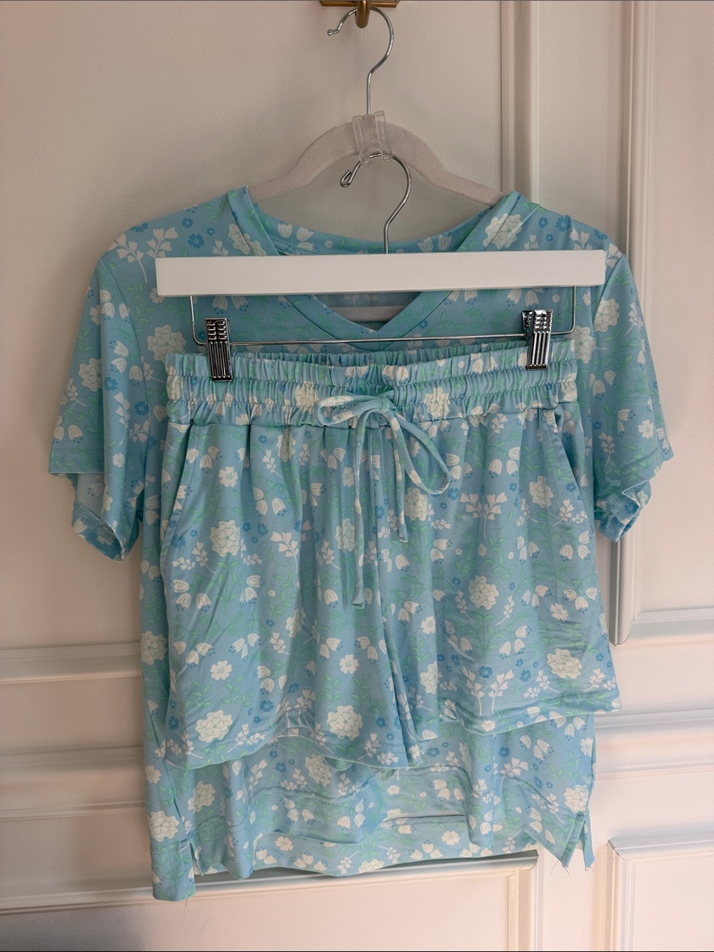 Women's Light Blue Floral Pajama Set - Short Sleeve Top & Shorts
